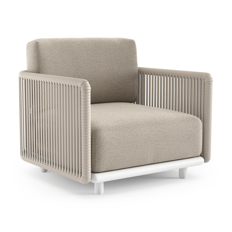 Organo loungestoel in wit aluminium en beige verticaal geweven luxe vlakke rope met catania sand all weather Cosytica kussen
