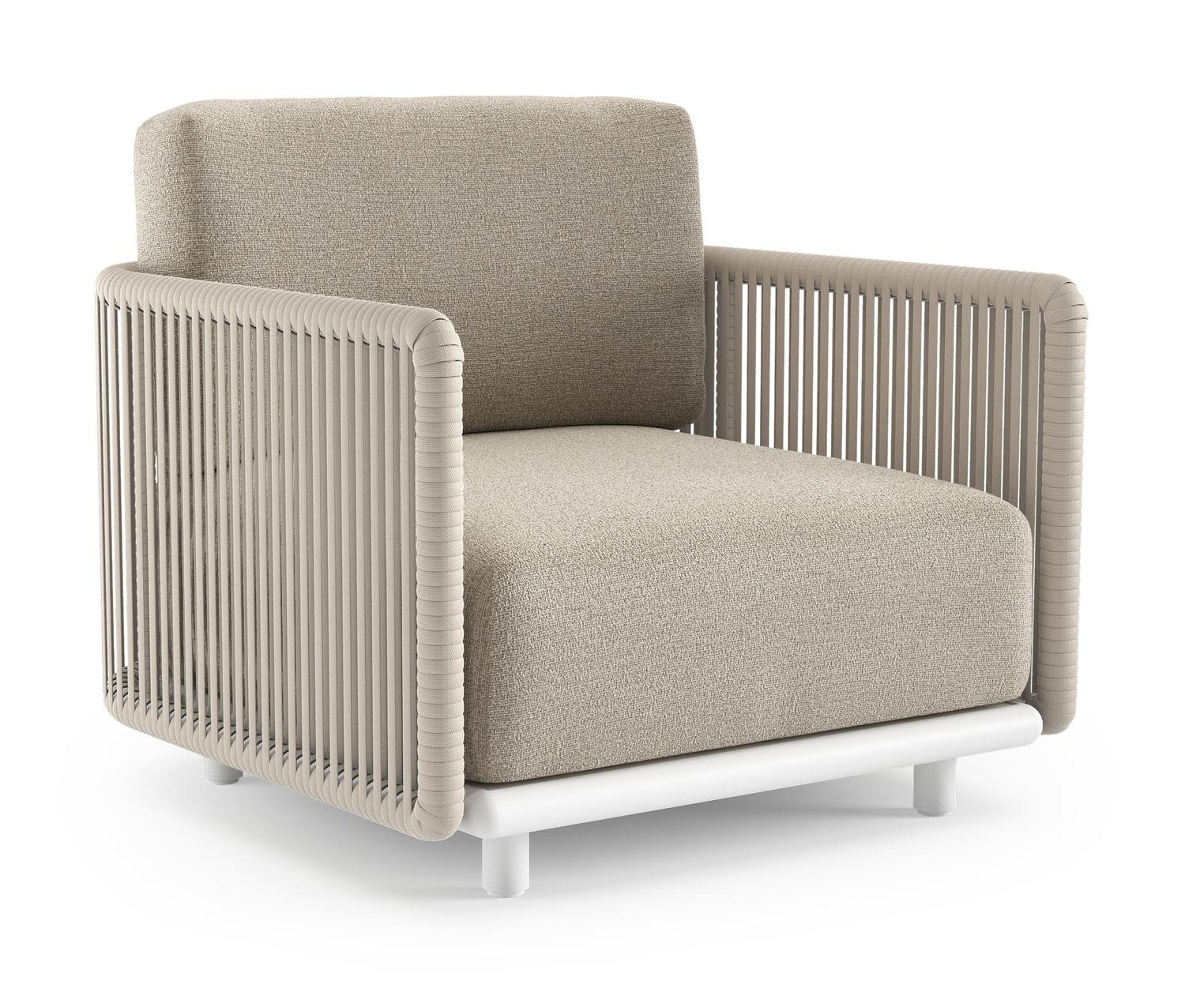 Fauteuil de jardin Organo en aluminium blanc et corde luxe plate tissée verticalement beige et coussin en all weather Cosytica catania sand