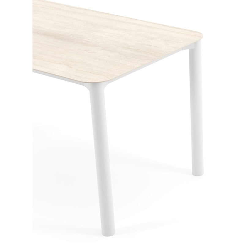 Orso tuintafel rechthoekig afgerond in wit aluminium en volkeramiek Travertino Bianco - L 140 x B 80 x H 75 cm