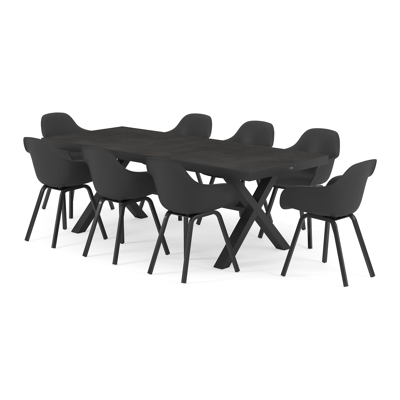 Reza tuinset in zwart aluminium en zwart volkeramiek tafelblad met 8 Puglia tuinstoelen