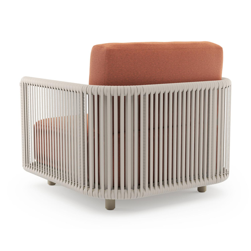 Organo loungestoel in beige aluminium en beige verticaal geweven luxe vlakke rope met heritage rust all weather Sunbrella® luxe kussen