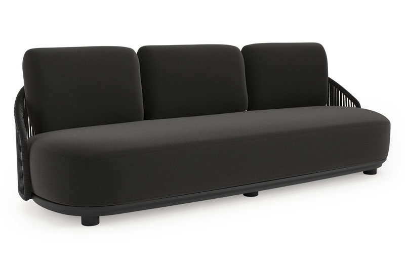 Vadelo loungebank in zwart aluminium en zwart verticaal geweven ronde rope met natte sooty all weather sunbrella® luxe kussen