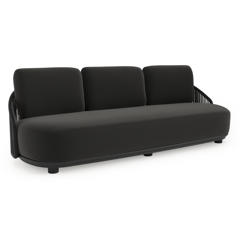 Vadelo loungebank in zwart aluminium en zwart verticaal geweven ronde rope met natte sooty all weather sunbrella® luxe kussen