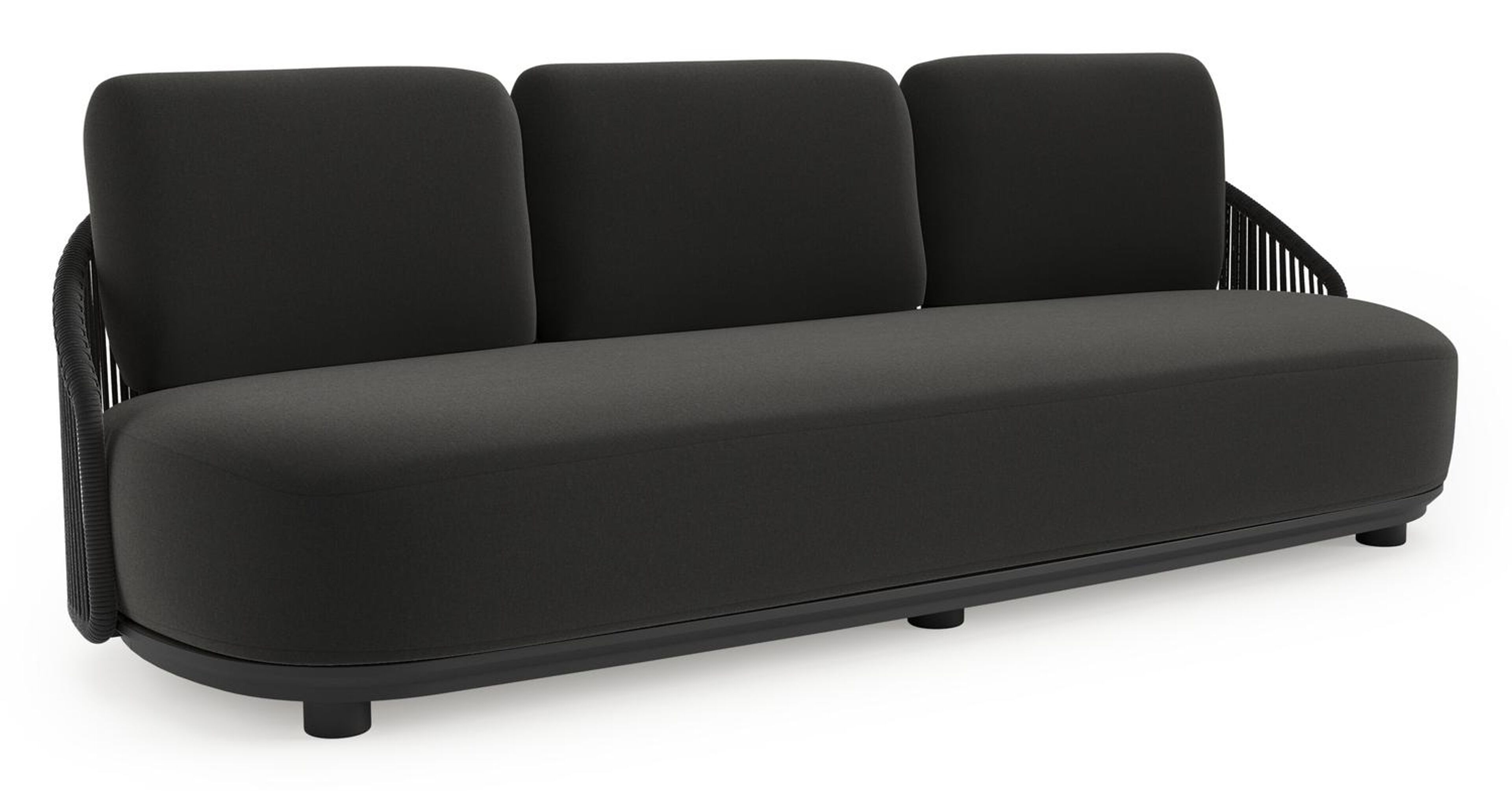 Vadelo loungebank in zwart aluminium en zwart verticaal geweven ronde rope met natte sooty all weather sunbrella® luxe kussen