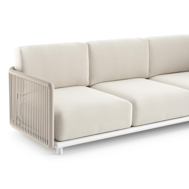 Organo loungebank in wit aluminium en beige verticaal geweven luxe vlakke rope met savane white all weather Sunbrella® luxe kussen