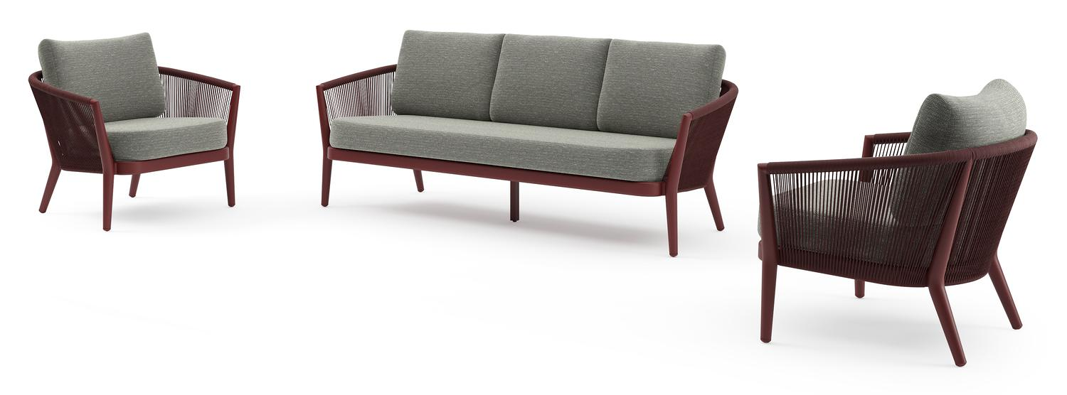 Orso loungeset in ruby aluminium en ruby verticaal geweven ronde rope met Slow Fern all weather sunbrella® luxe kussen