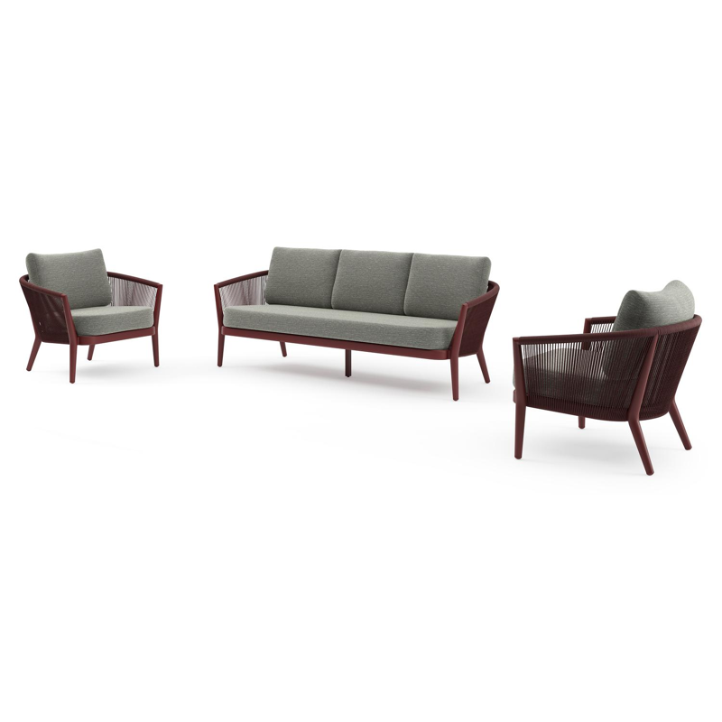 Orso loungeset in ruby aluminium en ruby verticaal geweven ronde rope met Slow Fern all weather sunbrella® luxe kussen