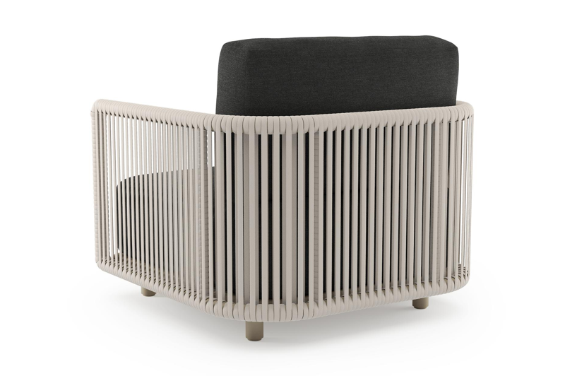 Organo loungestoel 1-zit in beige aluminium en beige verticaal geweven luxe vlakke rope met chartres sooty all weather sunbrella® luxe kussen