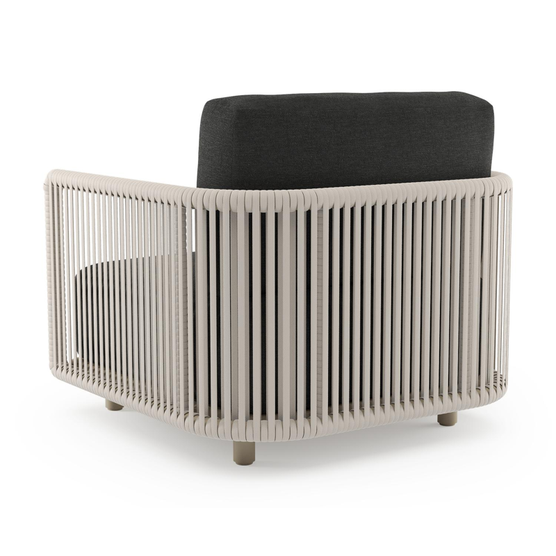 Organo loungestoel 1-zit in beige aluminium en beige verticaal geweven luxe vlakke rope met chartres sooty all weather sunbrella® luxe kussen