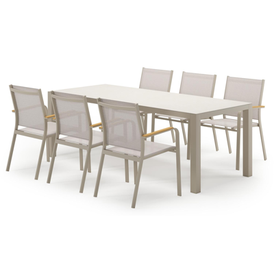 Varese ensemble de jardin rectangulaire en aluminium beige en sintered stone crema minerale avec 6 chaises de jardin Amalfi
