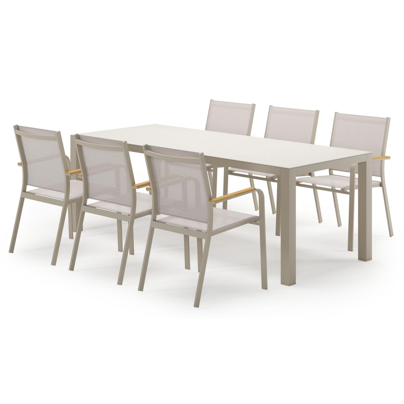 Varese rechthoekige tuinset in beige aluminium en sintered stone crema minerale met 6 Amalfi tuinstoelen
