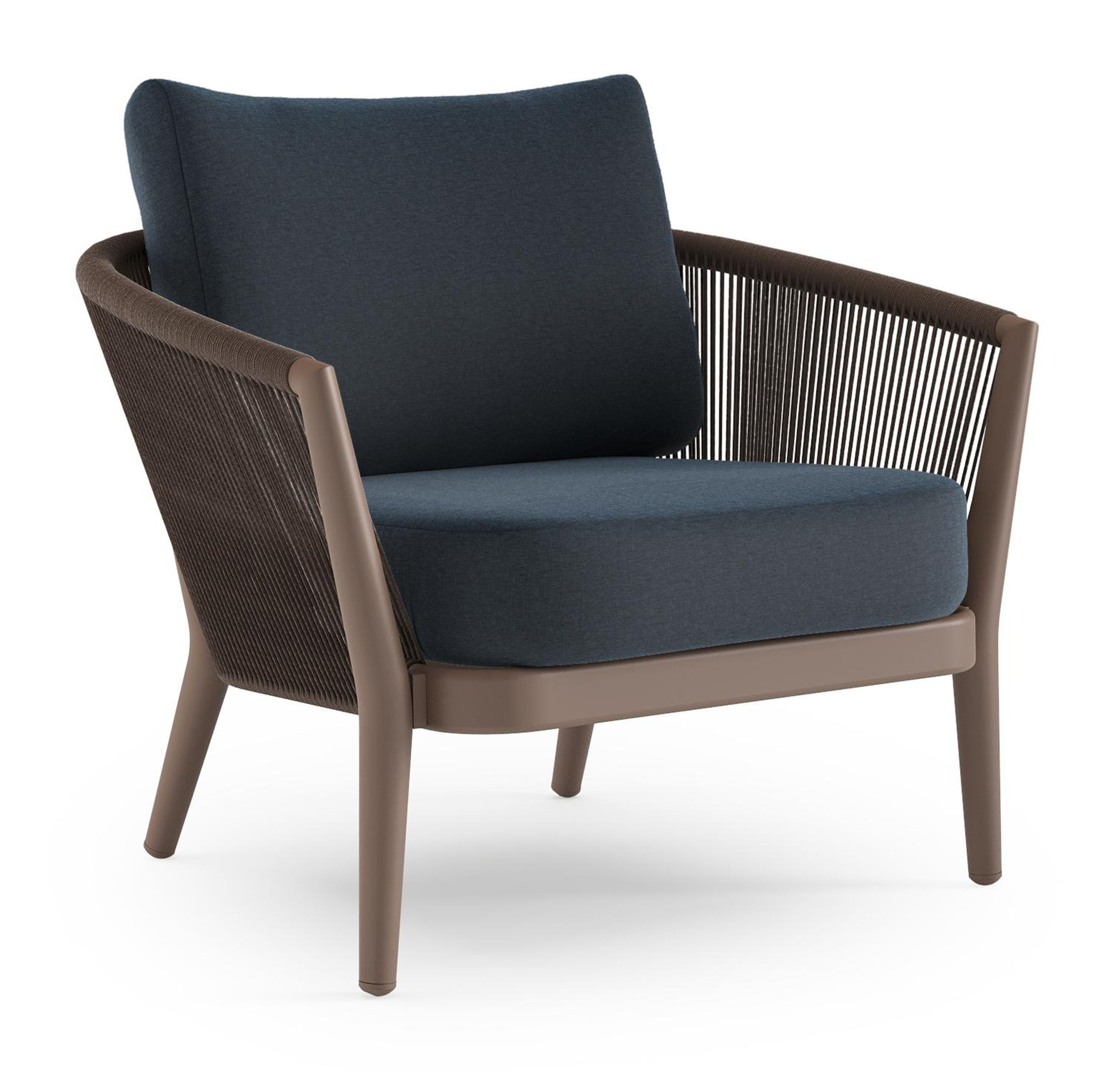 Orso loungestoel in taupe aluminiumen zwart verticaal geweven ronde rope met Heritage Indigo All Weather Sunbrella® luxe kussen