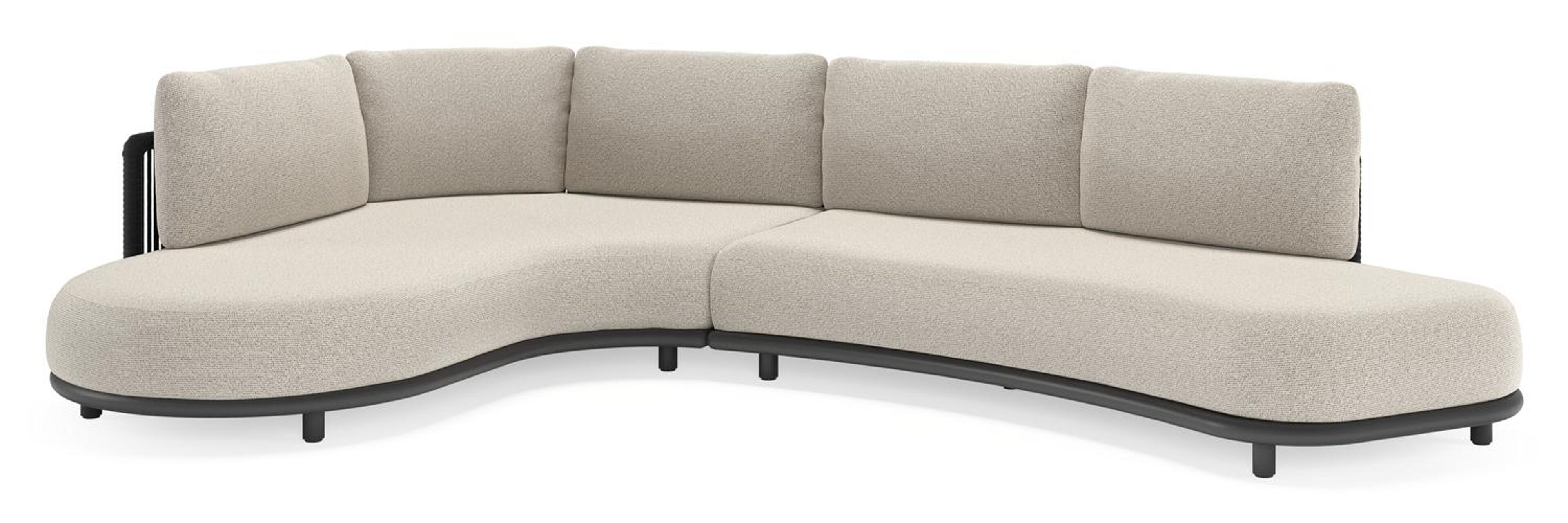 Lomano loungehoek in zwart aluminium en zwart verticaal geweven luxe vlakke rope met firenze sand all weather solica kussen