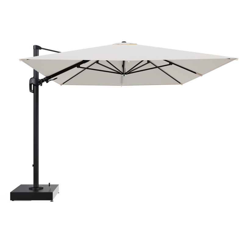 Rufina zweefparasol met tiltfunctie in zwart aluminium en Natte Linen Chalk All Weather Sunbrella® Luxe parasoldoek - L1 400 x L2 300 cm met parasolvoet Minore 150 kg met wielen