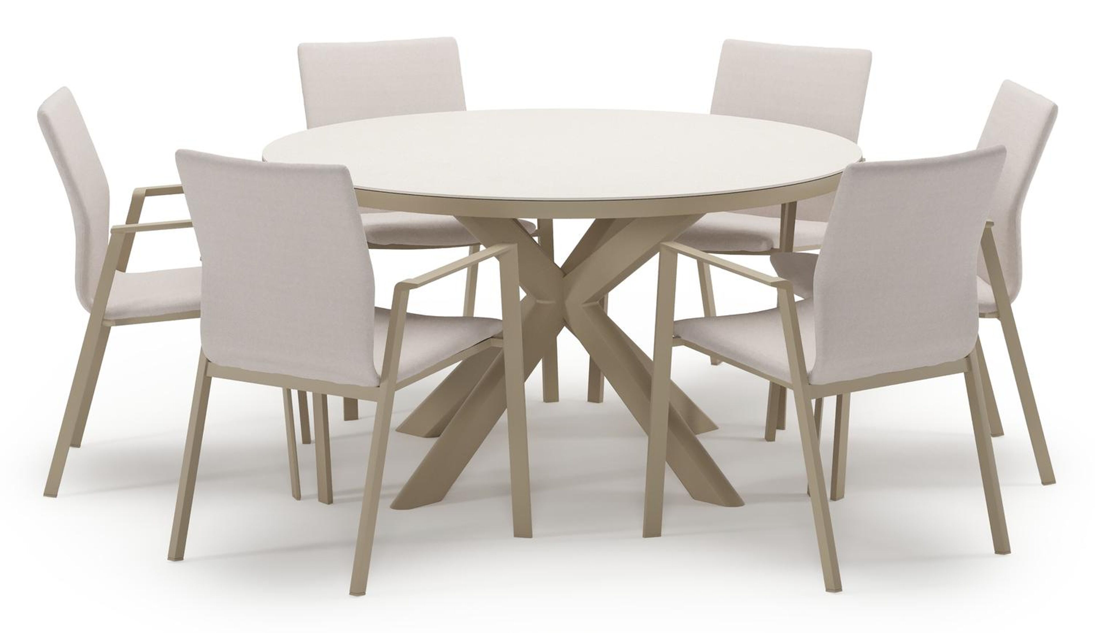 Pamplona tuinset in beige aluminium en crema minerale sintered stone met 6 stapelbare Madura tuinstoelen