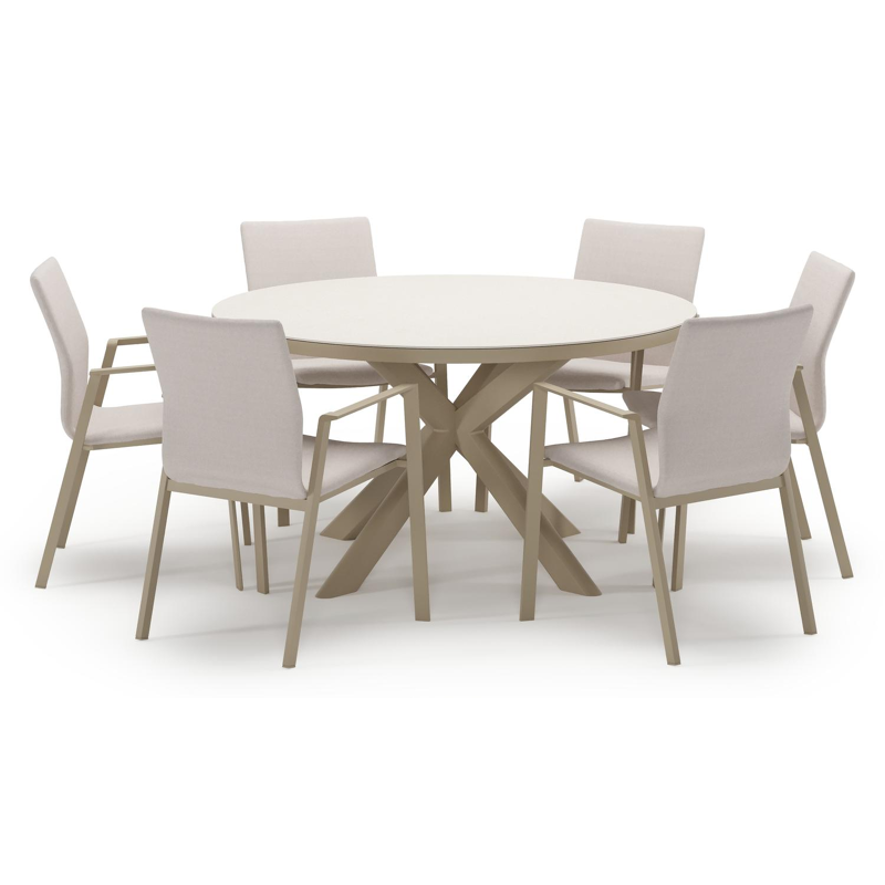 Pamplona tuinset in beige aluminium en crema minerale sintered stone met 6 stapelbare Madura tuinstoelen