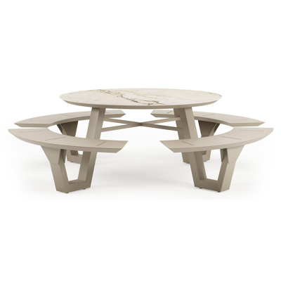 Rondino picknicktafel in beige aluminium en volkeramiek Colorado Dunes - Dia. 148 cm