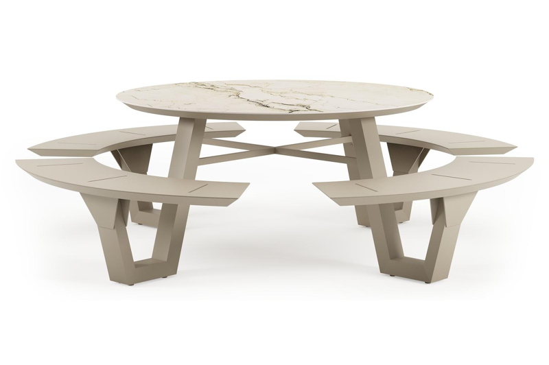 Rondino picknicktafel in beige aluminium en volkeramiek Colorado Dunes - Dia. 148 cm