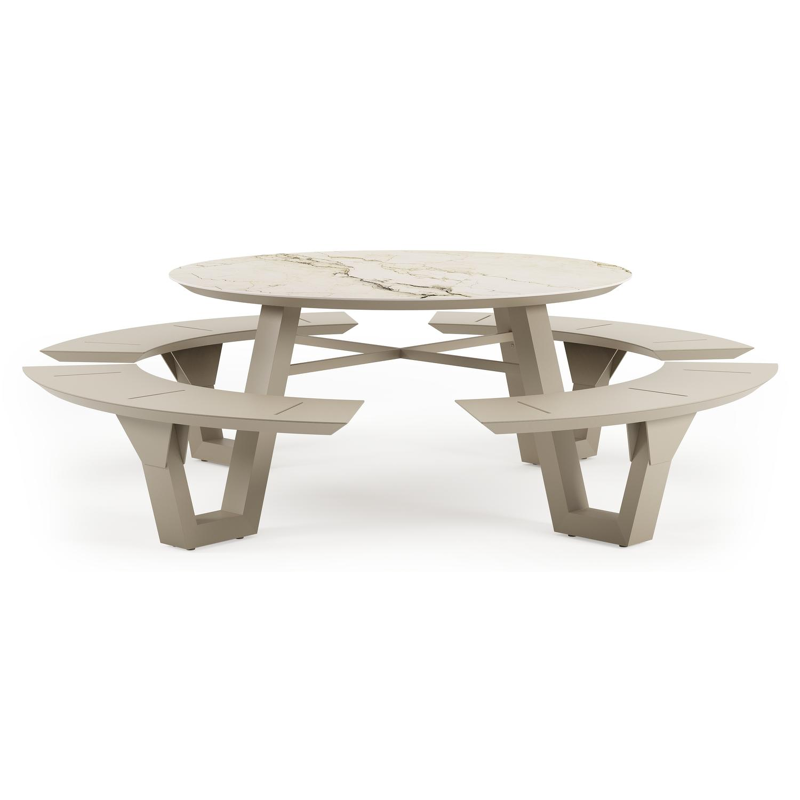 Rondino picknicktafel in beige aluminium en volkeramiek Colorado Dunes - Dia. 148 cm