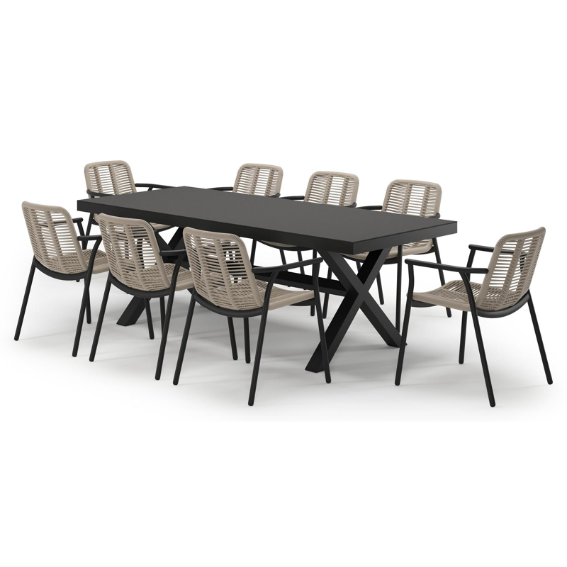 Reza tuinset in zwart aluminium en notte minerale sintered stone met 8 stapelbare Berga tuinstoelen