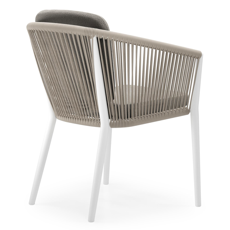 Chaise de jardin Orso en aluminium blanc et corde ronde tissée verticalement beige avec coussin en All Weather Sunbrella® Luxe Lopi Silver