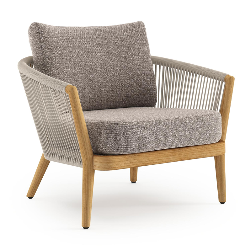 Orso loungestoel in teak en beige verticaal geweven ronde rope met Wander Granite all weather sunbrella® luxe kussen