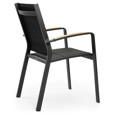 Lioni stapelbare tuinstoel in zwart aluminium en zwart comfort textilene en teak armleuning