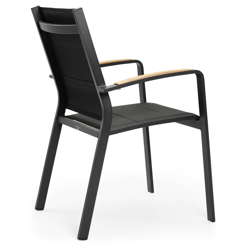 Lioni stapelbare tuinstoel in zwart aluminium en zwart comfort textilene en teak armleuning