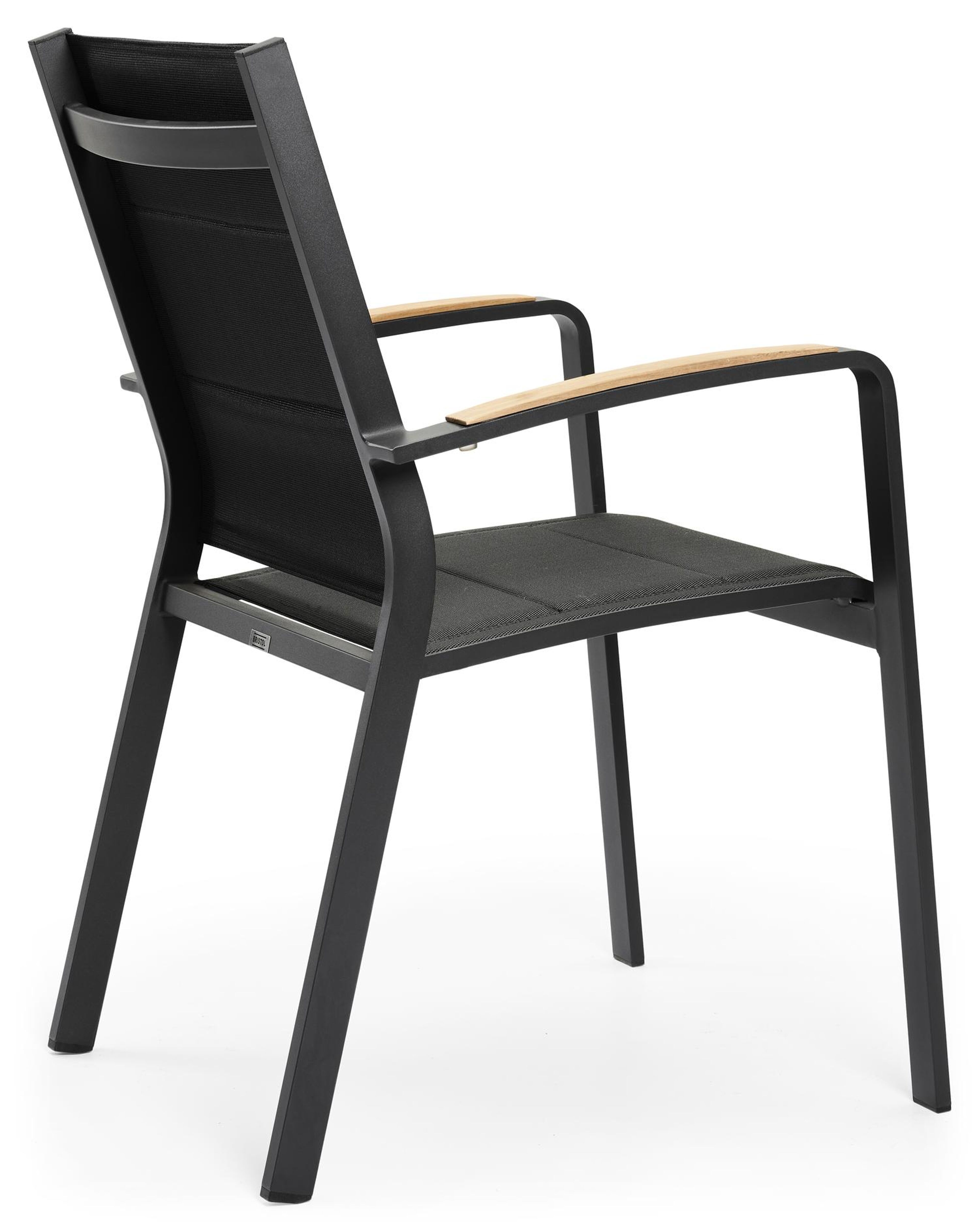Chaise de jardin empilable Lioni in aluminium noir et textilène confort noir et accoudoir en teck armleuning