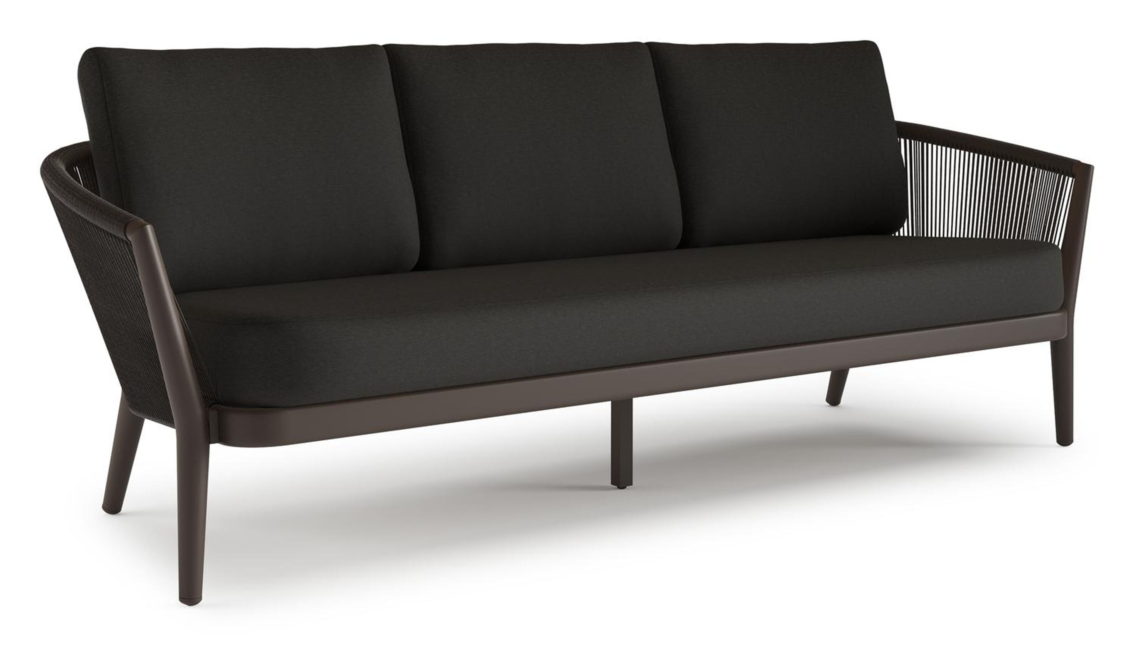 Orso loungebank in donkerbruin aluminium en donkerbruin verticaal geweven ronde rope met Heritage Char all weather sunbrella® luxe kussen