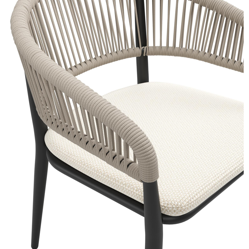 Tolfa stapelbare tuinstoel in zwart aluminium en beige verticaal geweven ronde rope met stoelkussen in All Weather Cosytica Althea Off White