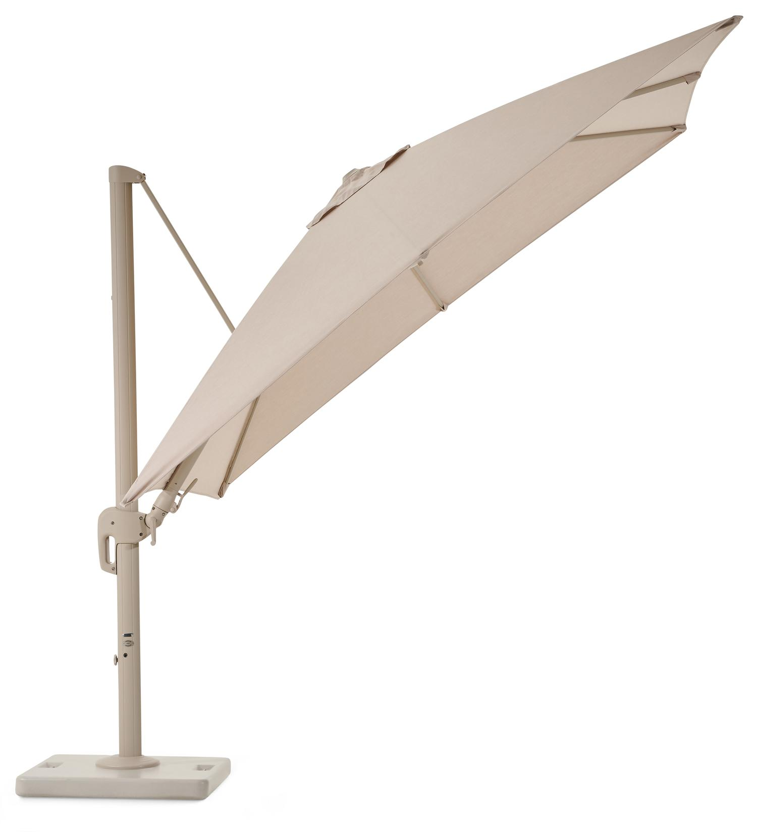 Rufina zweefparasol met tiltfunctie in beige aluminium en beige Sunbrella® Premium parasoldoek - L1 300 x L2 300 cm met Lapido parasolvoet 120 kg