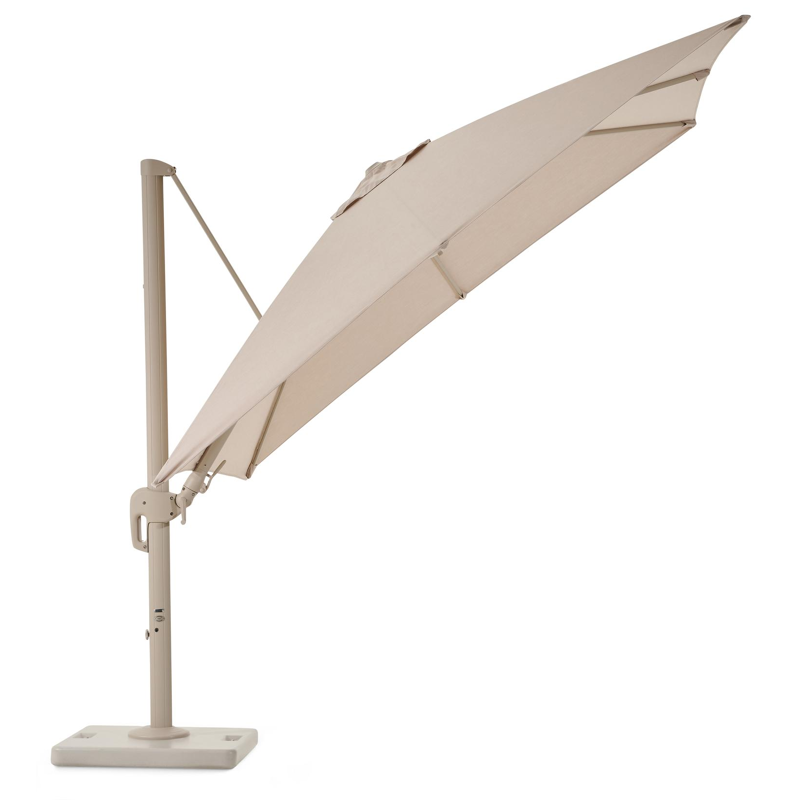 Rufina zweefparasol met tiltfunctie in beige aluminium en beige Sunbrella® Premium parasoldoek - L1 300 x L2 300 cm met Lapido parasolvoet 120 kg