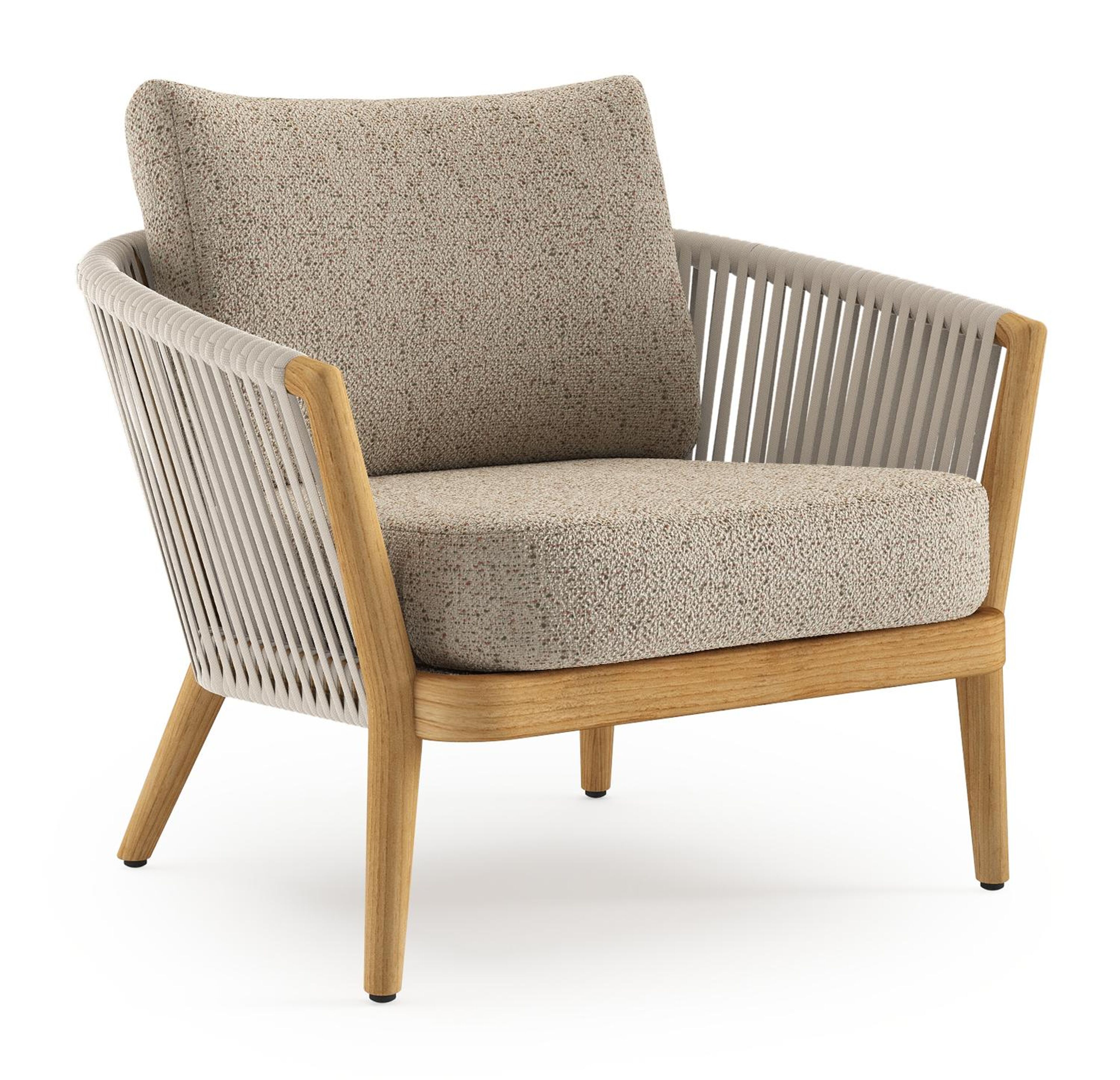 Orso loungestoel in teak en beige verticaal geweven luxe vlakke rope met Bora Jungle all weather cosytica kussen
