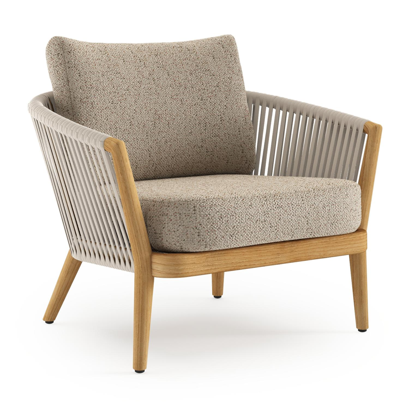 Orso loungestoel in teak en beige verticaal geweven luxe vlakke rope met Bora Jungle all weather cosytica kussen