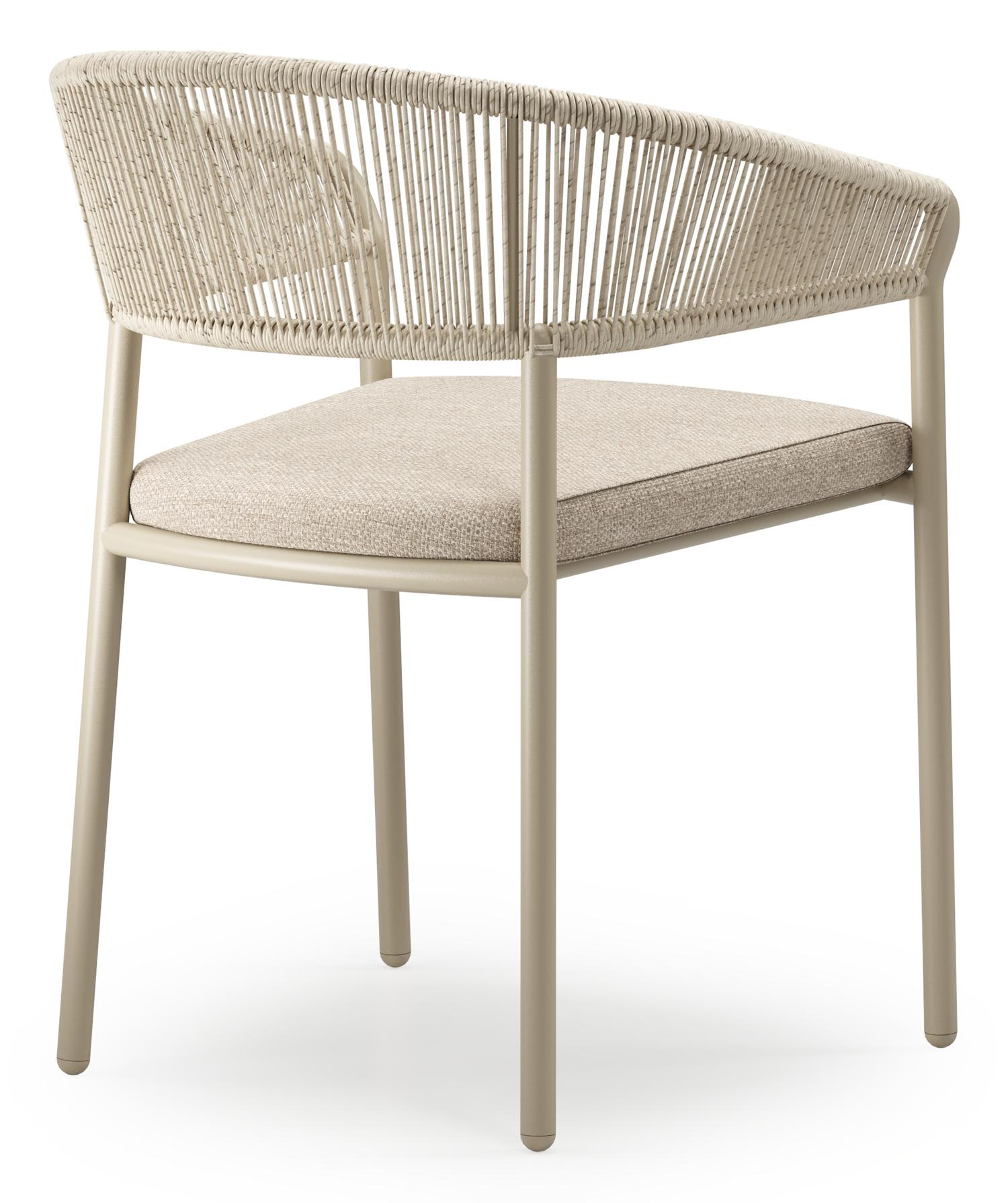 Chaise de jardin empilable Zamora en aluminium beige et corde ronde tissée verticalement beige avec coussin en Weather+ Softtouch Rustic