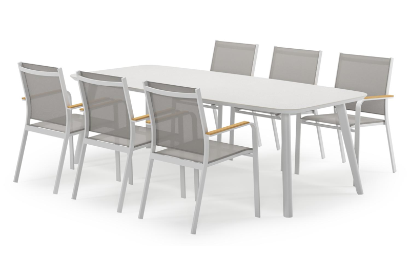 Mosa bootvormige tuinset in wit aluminium en sintered stone topo minerale met 6 Amalfi tuinstoelen