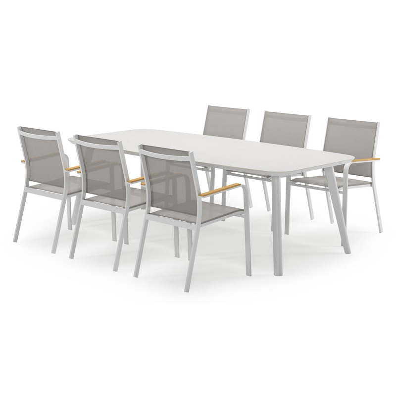 Mosa ensemble de jardin forme de bateau en aluminium blanc en sintered stone topo minerale avec 6 chaises de jardin Amalfi