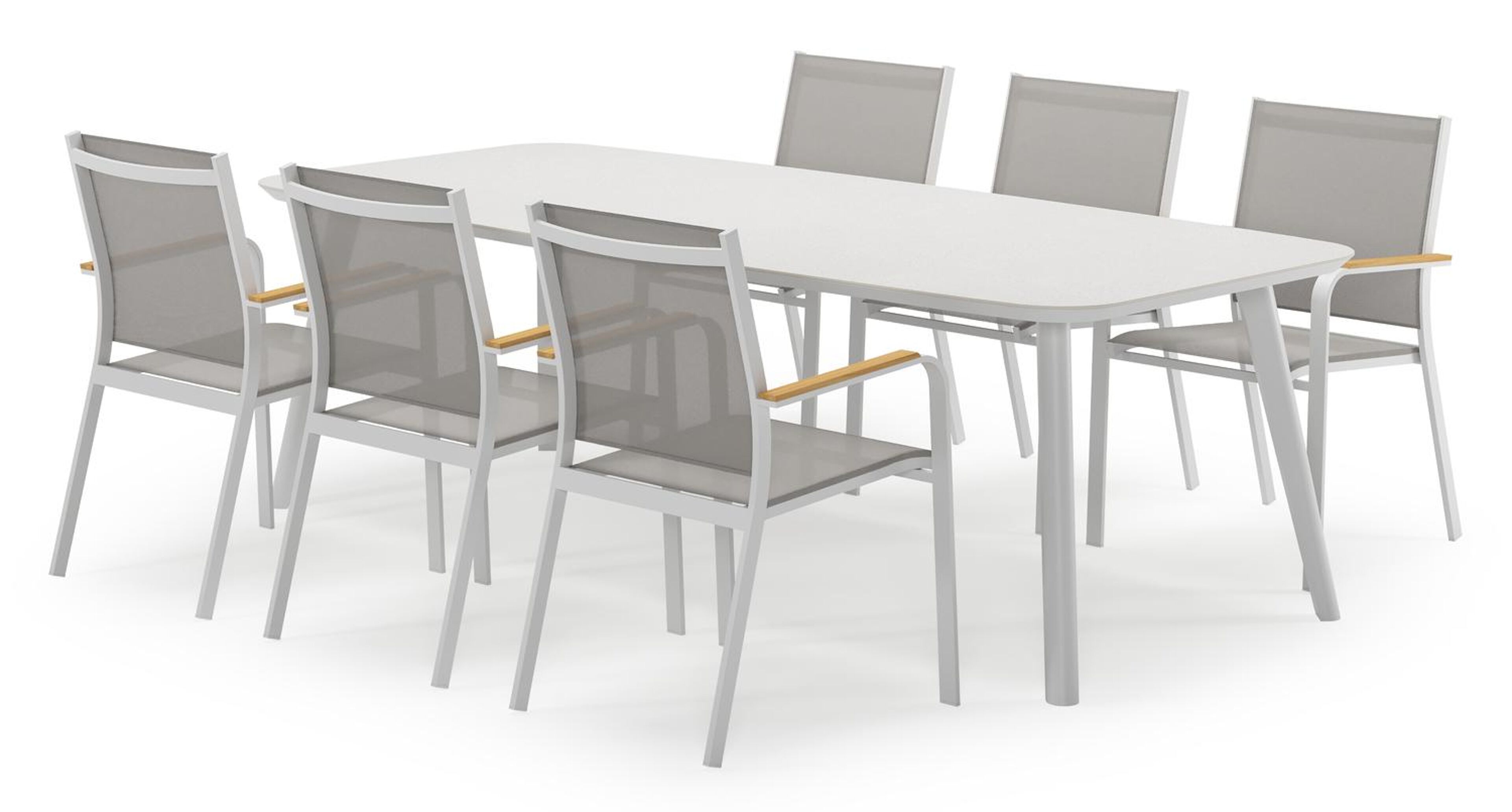 Mosa bootvormige tuinset in wit aluminium en sintered stone topo minerale met 6 Amalfi tuinstoelen