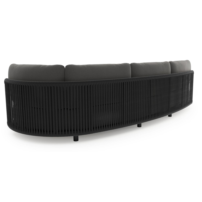 Lomano loungebank in zwart aluminium en zwart verticaal geweven luxe vlakke rope met natte charcoal chine all weather sunbrella® luxe kussen