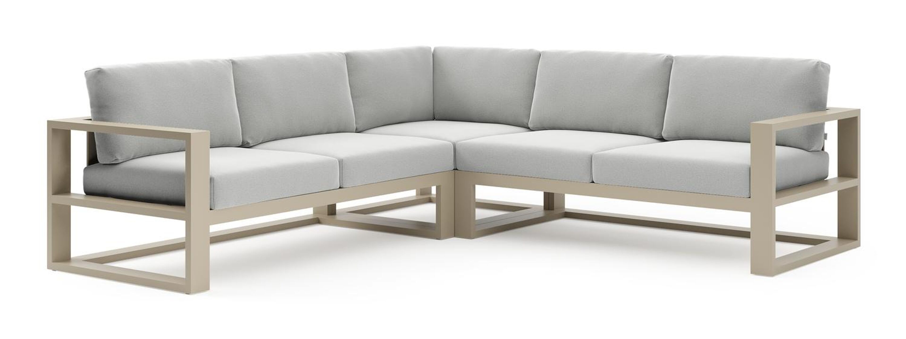 Verato loungehoek in beige aluminium met natte grey chine all weather sunbrella® luxe kussen