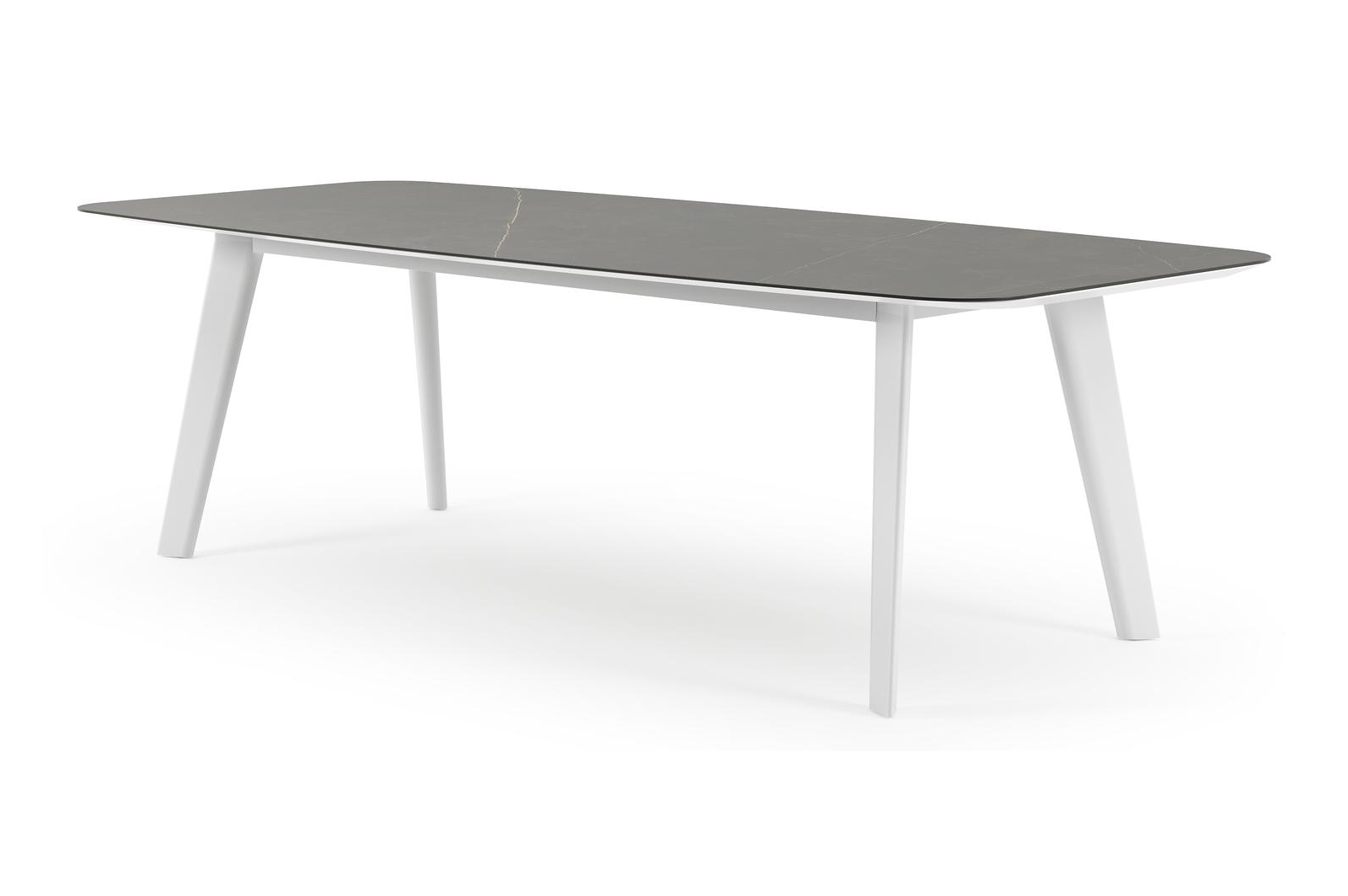 Table de jardin Lacrima forme de bateau en aluminium blanc et céramique pleine Calatorao - Lg. 255 x Lrg. 115 x Haut. 73 cm
