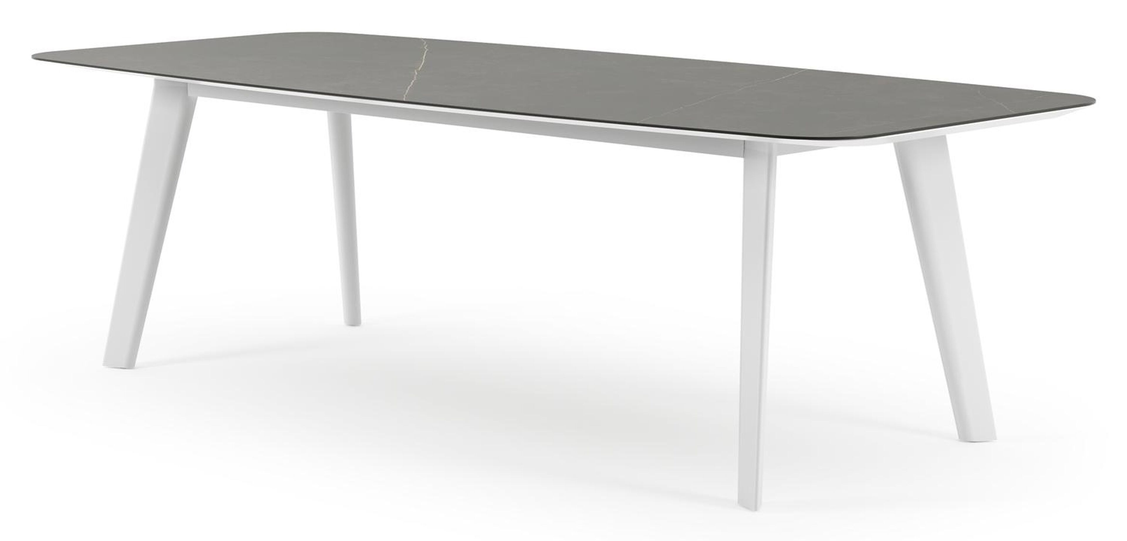 Table de jardin Lacrima forme de bateau en aluminium blanc et céramique pleine Calatorao - Lg. 255 x Lrg. 115 x Haut. 73 cm
