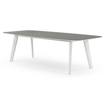 Table de jardin Lacrima forme de bateau en aluminium blanc et céramique pleine Calatorao - Lg. 255 x Lrg. 115 x Haut. 73 cm