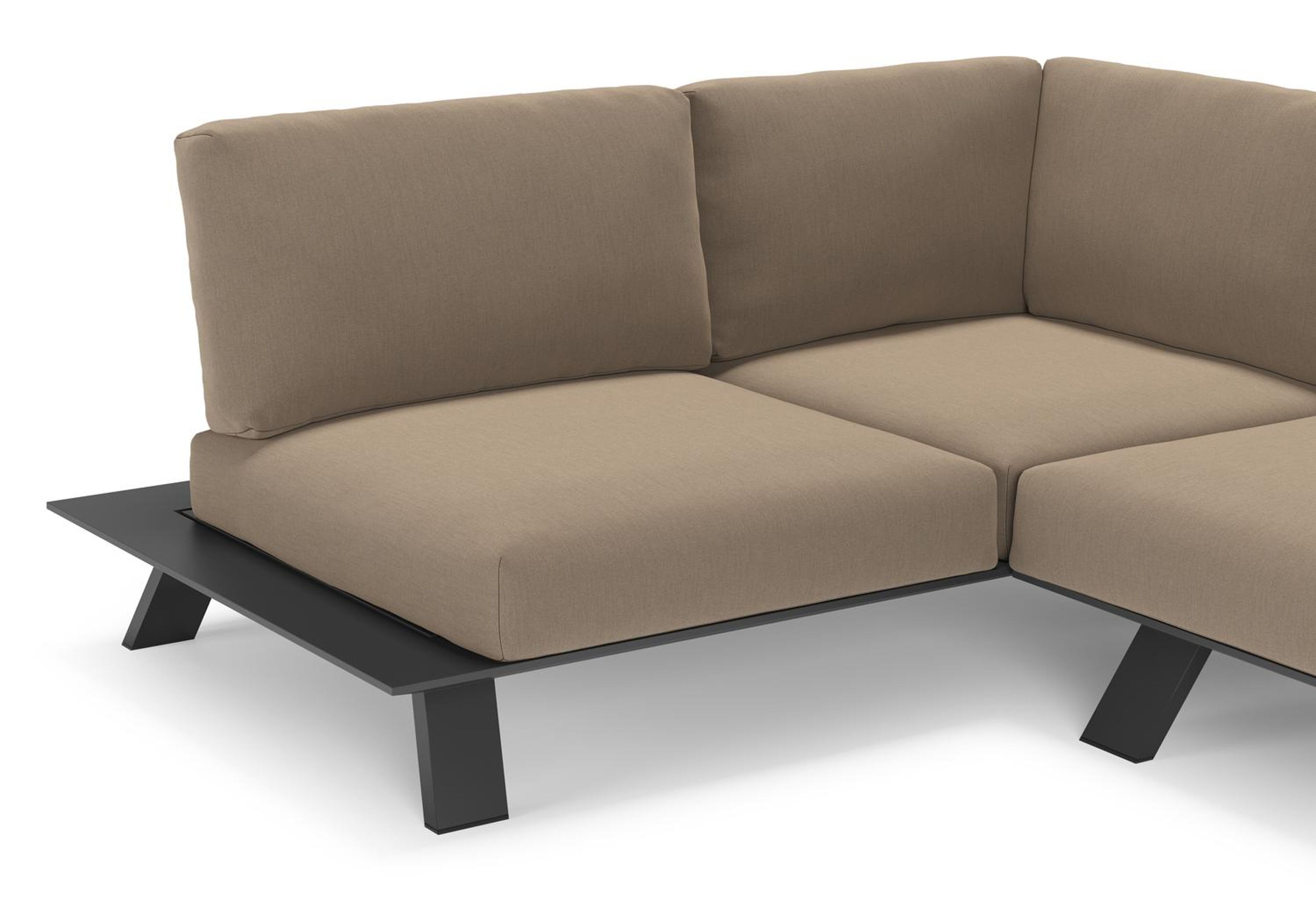 Salon de jardin d'angle Cesano en aluminium noir et coussin en all weather Sunbrella® luxe natte heather grey