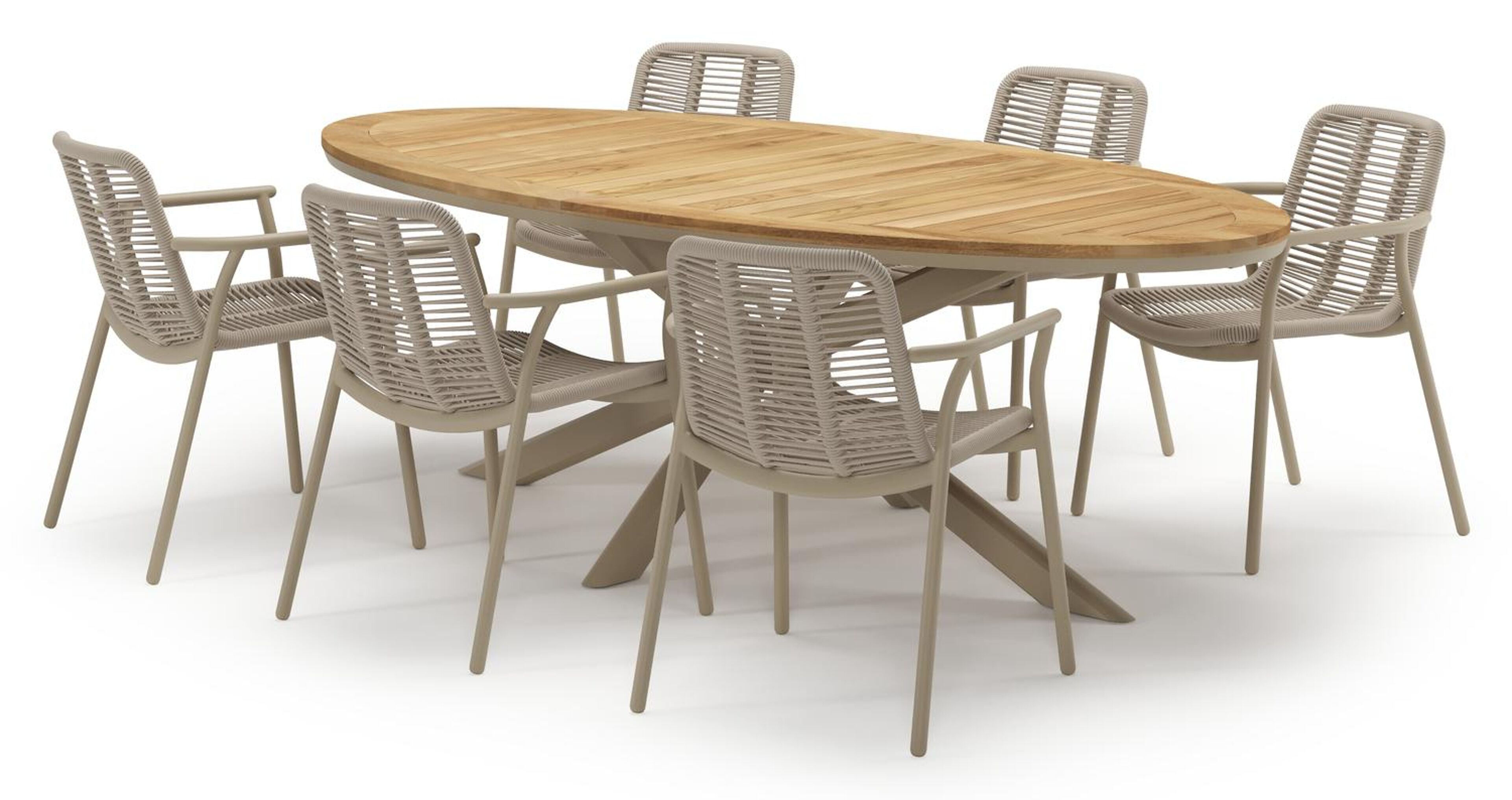 Pamplona tuinset in beige aluminium en teak met 6 stapelbare Berga tuinstoelen
