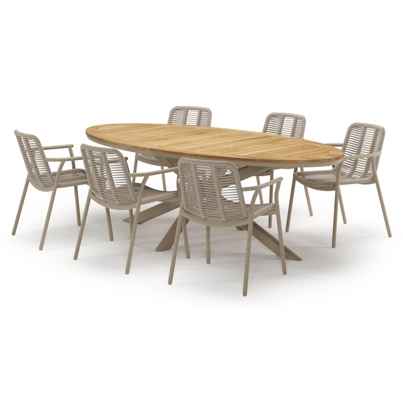 Pamplona tuinset in beige aluminium en teak met 6 stapelbare Berga tuinstoelen