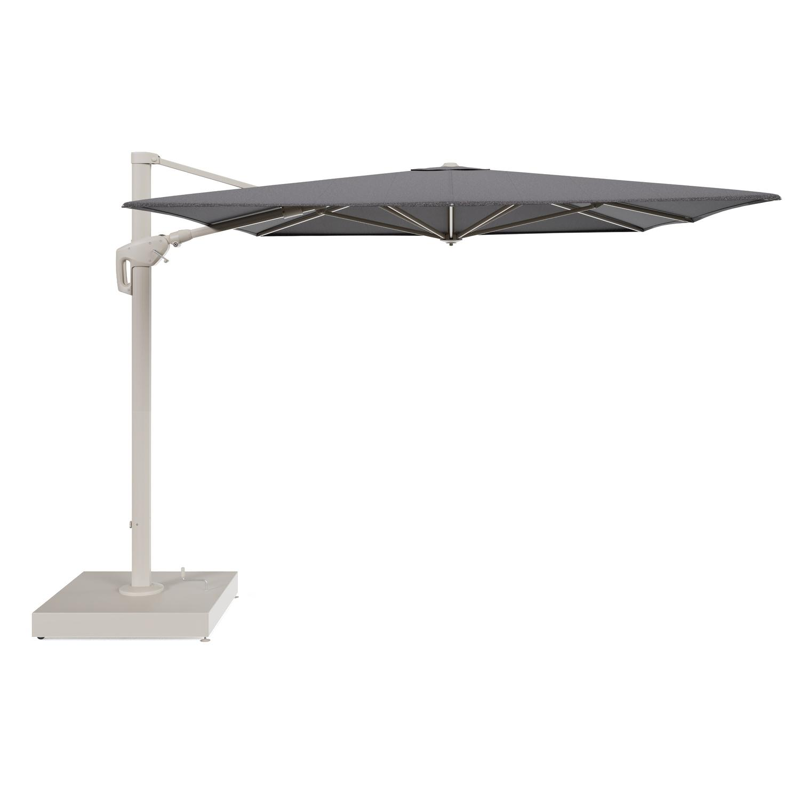 Minore zweefparasol met tiltfunctie in beige aluminium en Firenze Tunder All Weather Solica parasoldoek - L1 400 x L2 300 cm met parasolvoet Minore 260 kg met wielen