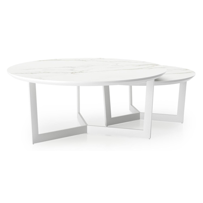 Tables basse Lacrima en aluminium blanc et céramique pleine calacatta - Dia. 85/65 x H 35/30 cm
