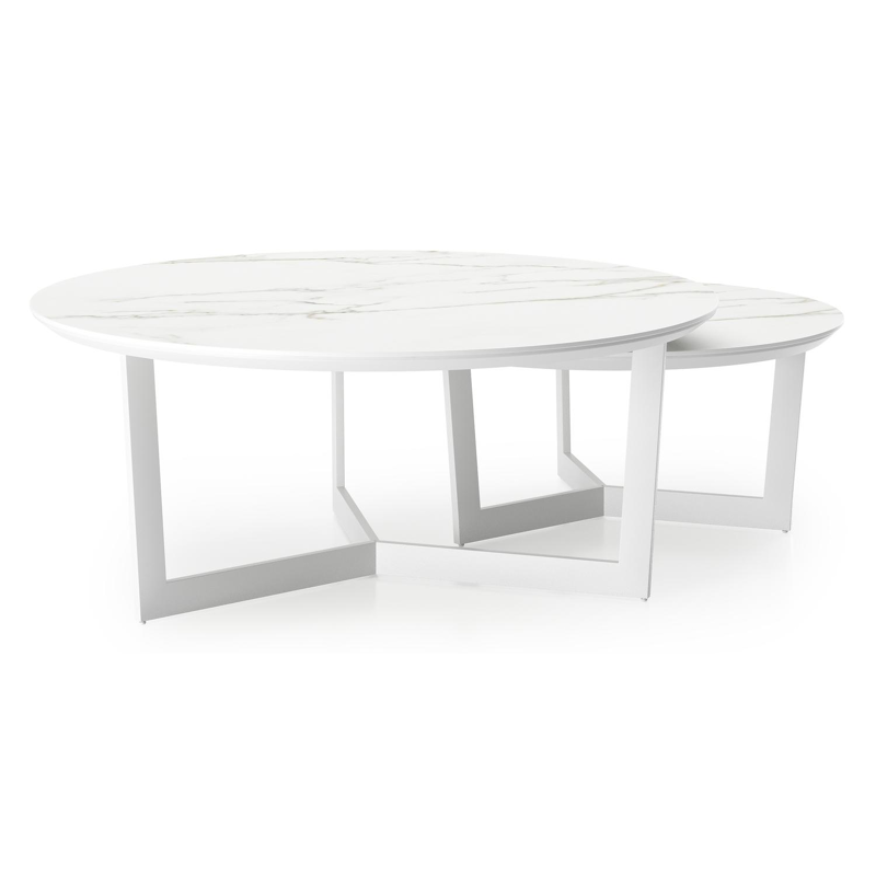 Lacrima loungetafels in wit aluminium en calacatta volkeramiek - Dia. 85/65 x H 35/30 cm